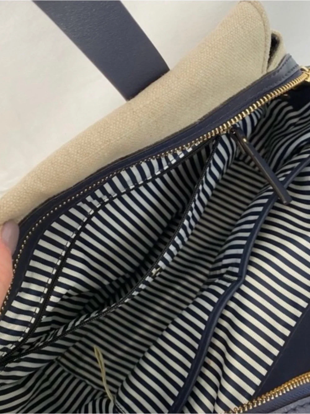 kate spade Beige and Navy Canvas Satchel with Gold Spade Logo